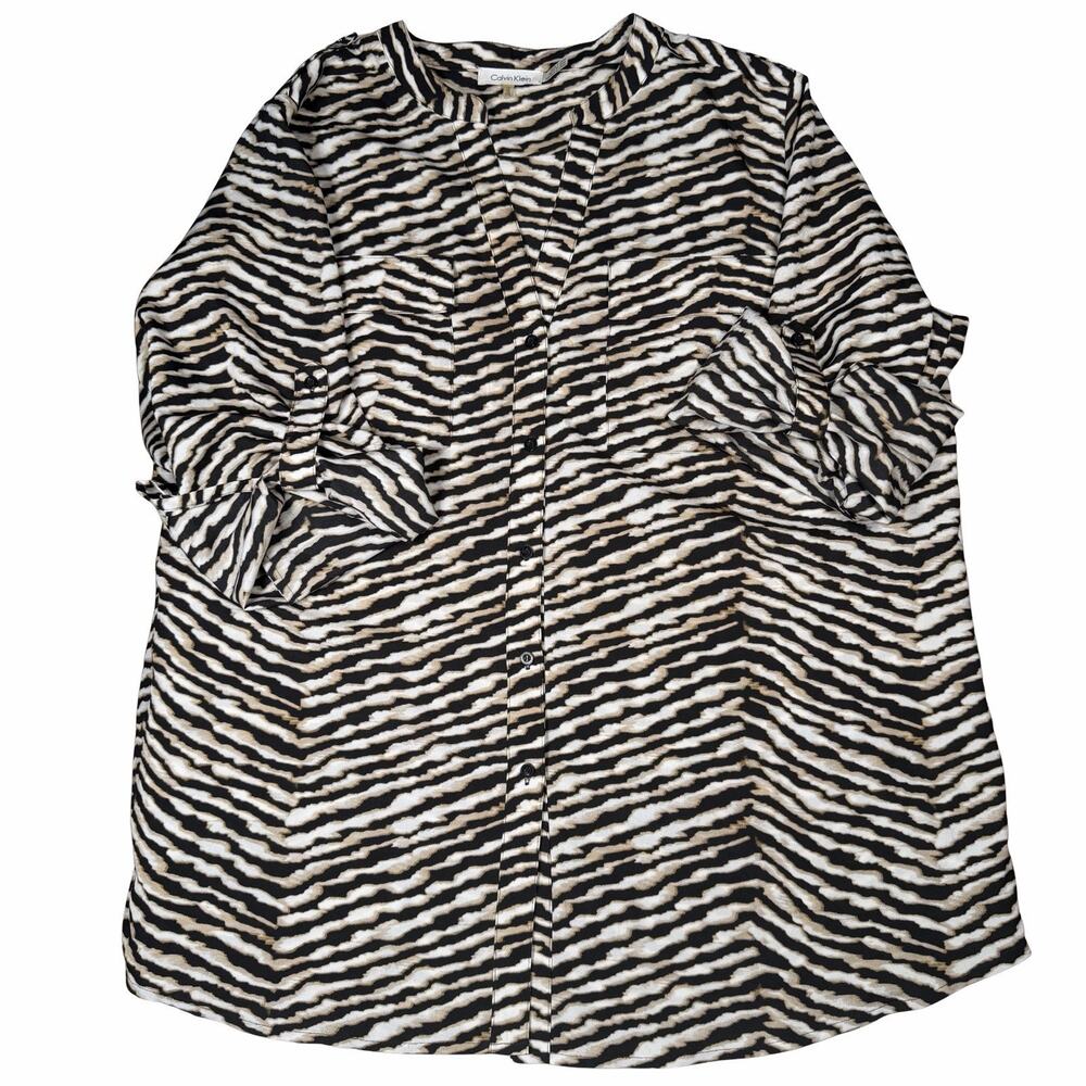 Calvin Klein Blouse Womens Size 1X Zebra Print Button Down Roll-Tab Sleeves